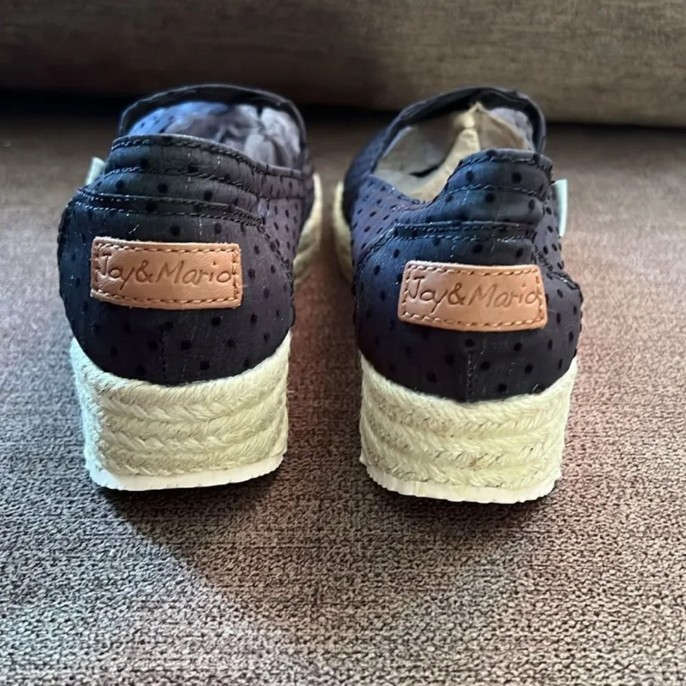 New Joy & Mario Polka Dot Mesh Espadrille Size 6.5W in Black